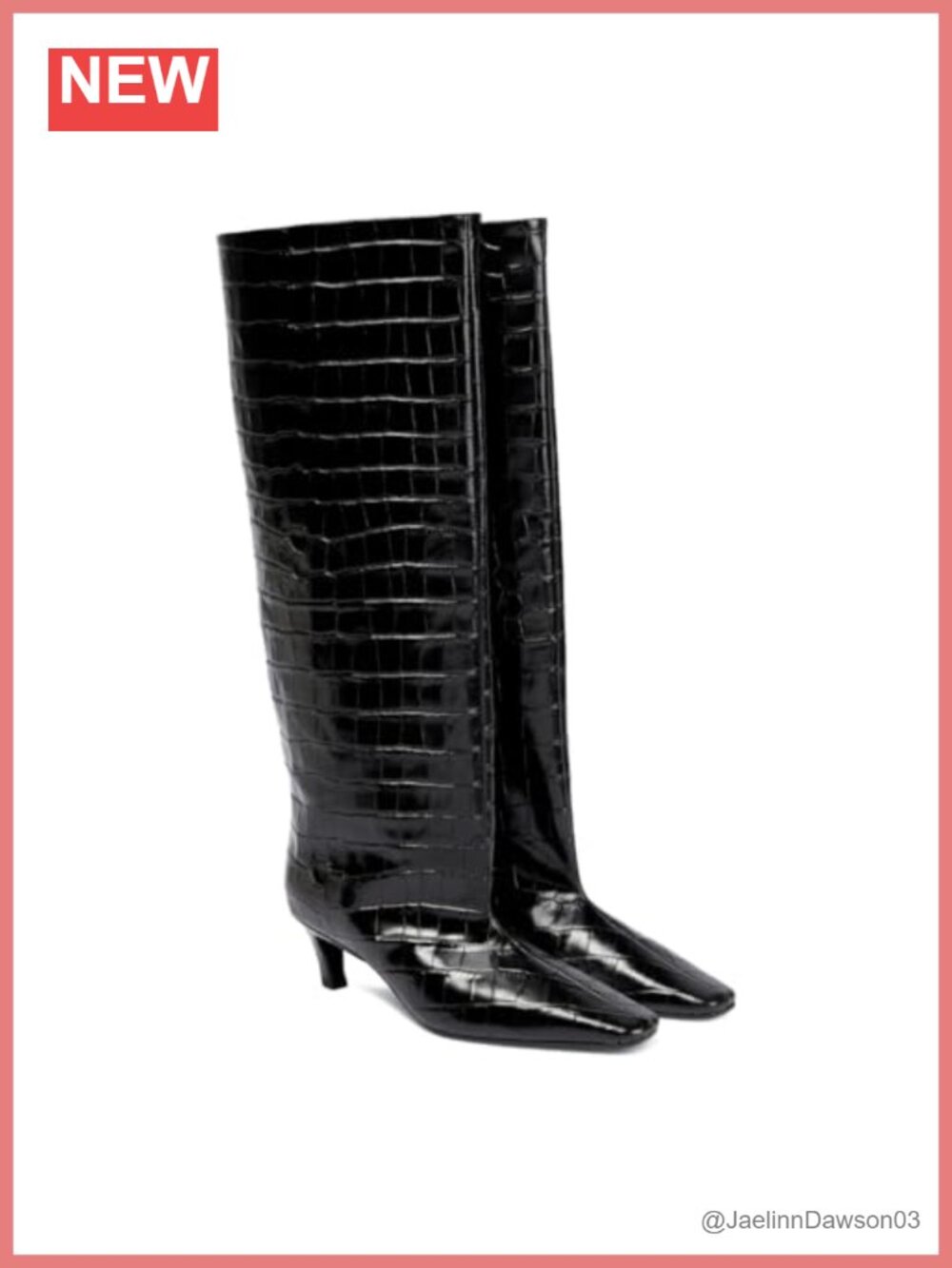 PU Leather Croc-Effect Knee High Boots Square Toe Kitten Heel Wide Calf Pull-On